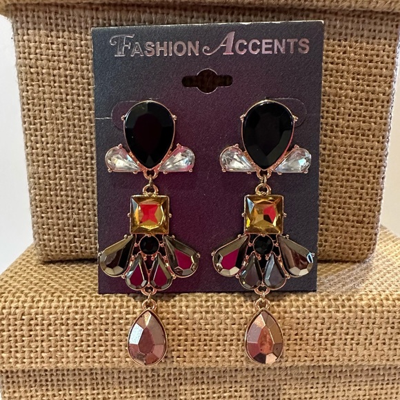 NWT Fashion Accents Earrings gold w/ black, yellow, topaz, clear jewel clusters - Picture 2 of 9
